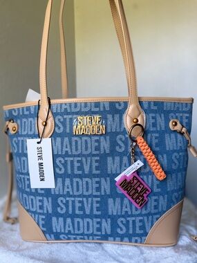 Steve Madden BROWEIGH Denim Logo Satchel Handbag Tote Large Tassel Charm NEW